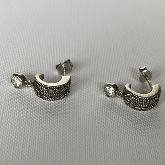 Judith Jack Sterling Silver Crystal Marcasite Huggie Style Hoop Earrings - Picture 8 of 11